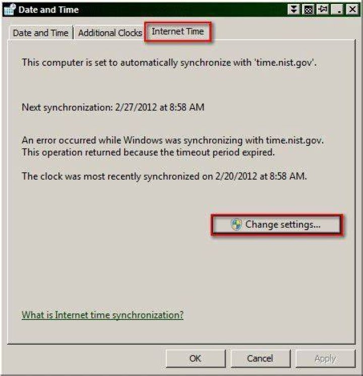 Windows 7: Internet Time Settings