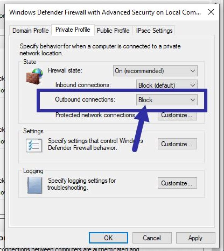 Windows Firewall block outbound by default