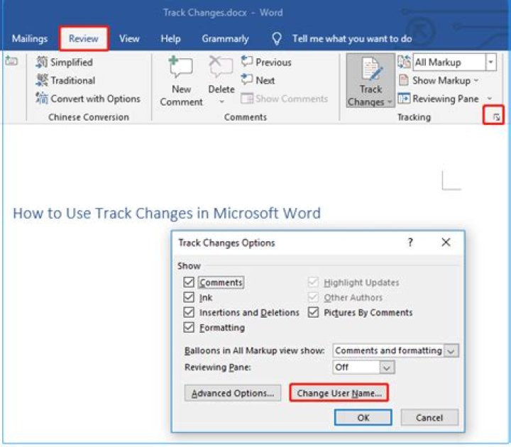 Word Online - does not display change tracking in color?